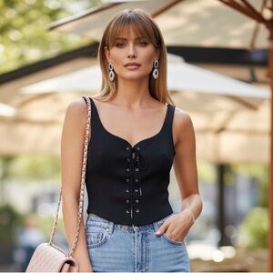 St. John NEW - Black Lace-Up Top